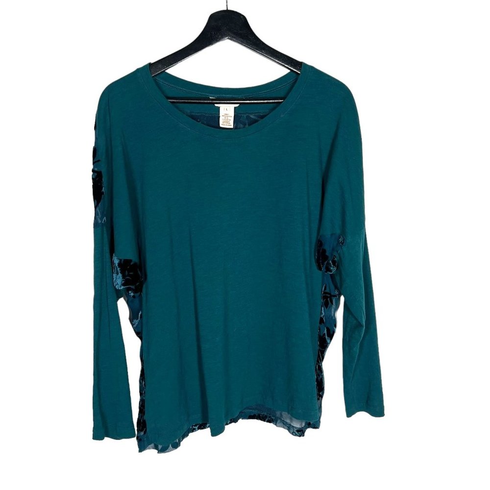 Sundance Blue Long Sleeve Velvet Floral Pattern Top Large